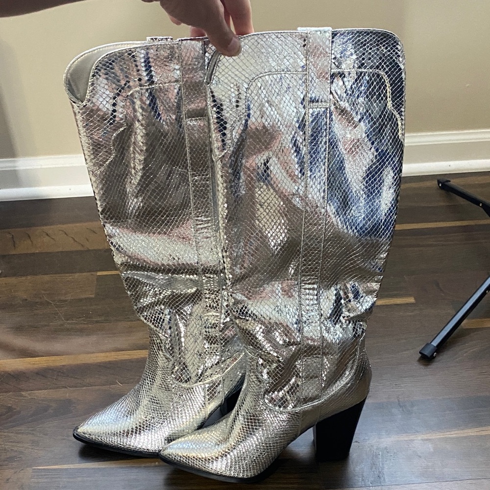 Silver Snakeskin Knee-High Cowboy Boots